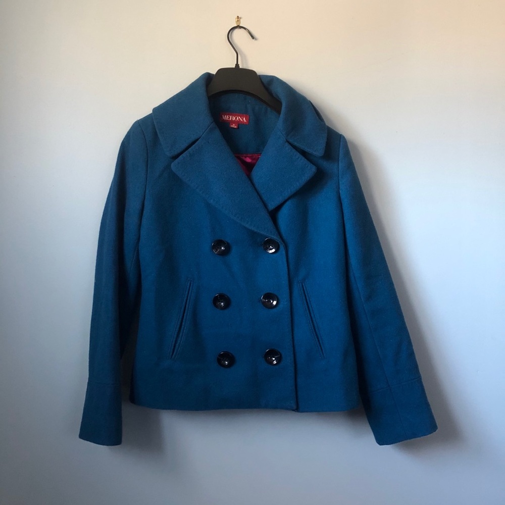 3/$30 Teal Merona peacoat with pink lining, med